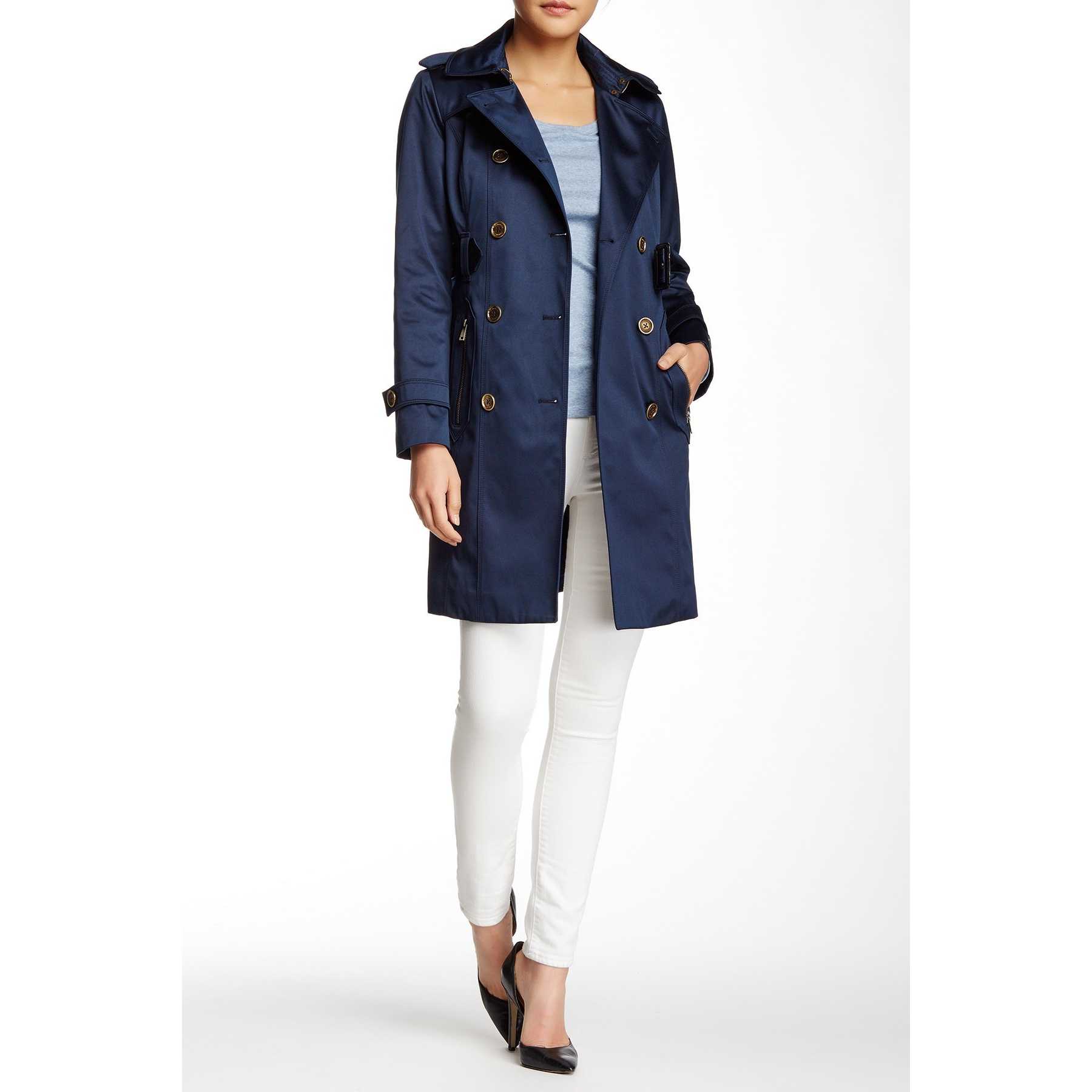 London Fog Water Repellent Double Breasted Trench Coat (Petite) NAVY trench dama